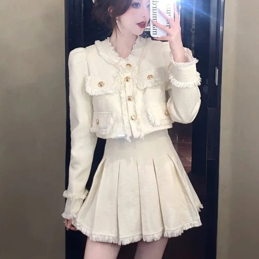 Tweed Suit 2-piece Skirt Set Autumn Winter New French Style Cropped Jacket Coat Mini Skirt Korean Female Outfits