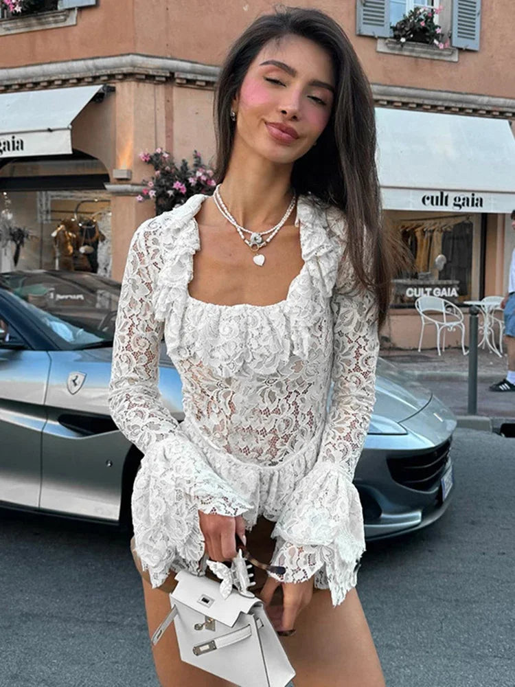 Splice Lace Square Collar See-through Top for Slim Flare Long Sleeve White T-shirt Female Pullover New