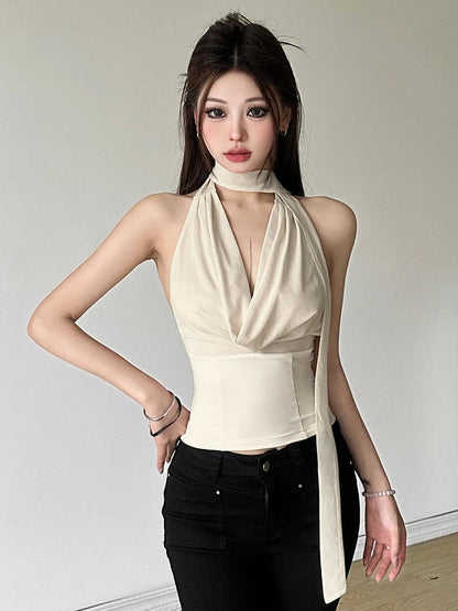 Korean Sleeveless Tank Tops Plaid Y2k Crop Top Female Outdoors Backless Blouse