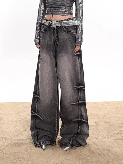 Do Old Black Retro Denim Pants for Y2k Harajuku Causal Baggy Washed Wide Leg Jeans Hip Hop Slouchy Jeans Lady
