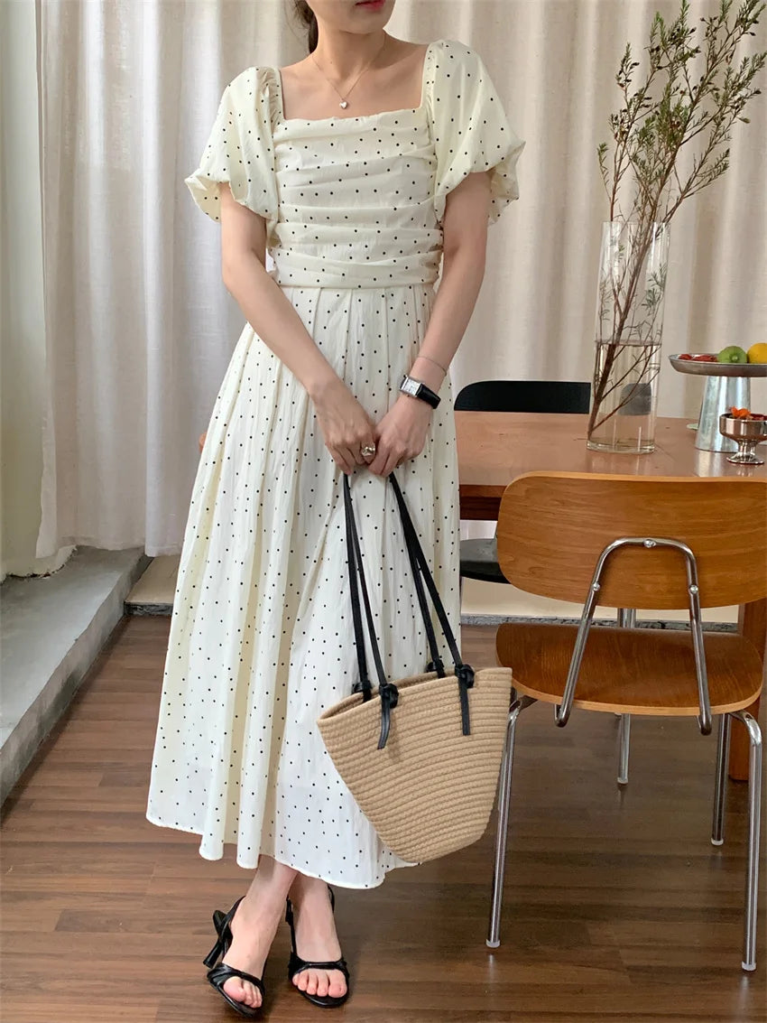 Summer New Polka Dots Maxi Dress Daily Sweet Short Puff Sleeve Office Lady Gentle Vacation