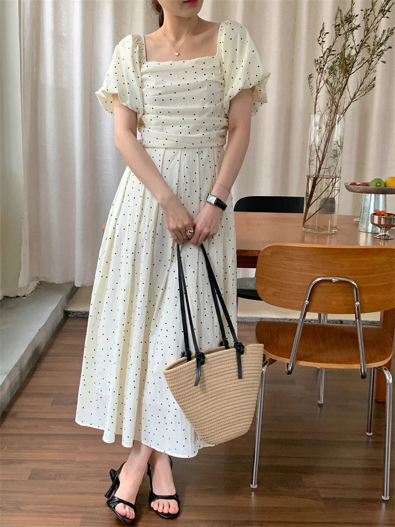Summer New Polka Dots Maxi Dress Daily Sweet Short Puff Sleeve Office Lady Gentle Vacation