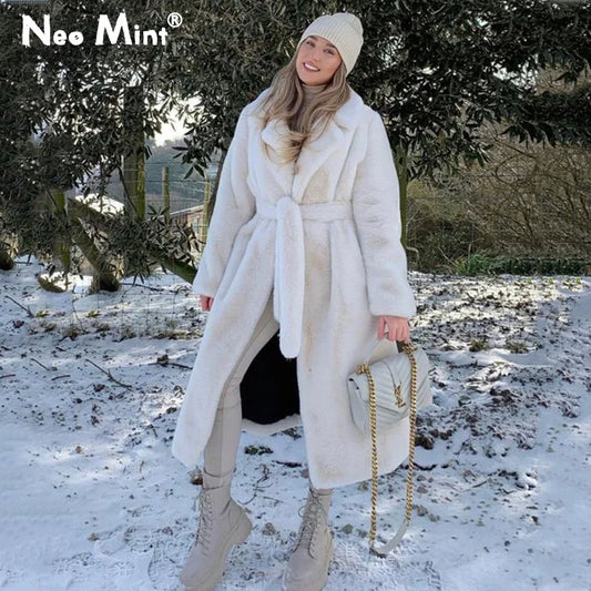 Winter Long Overcoats Oversized Lapel Belted Faux Rabbit Fur Coat Jacket Female Outerwear Plush Fur Coats