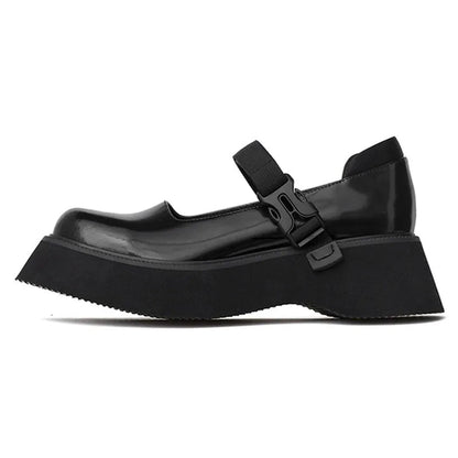 Retro Round Toe Block Heel Mary Jane Shoes Patent Leather Black Platform Pumps College Thicksoled Japanese Style Loafers