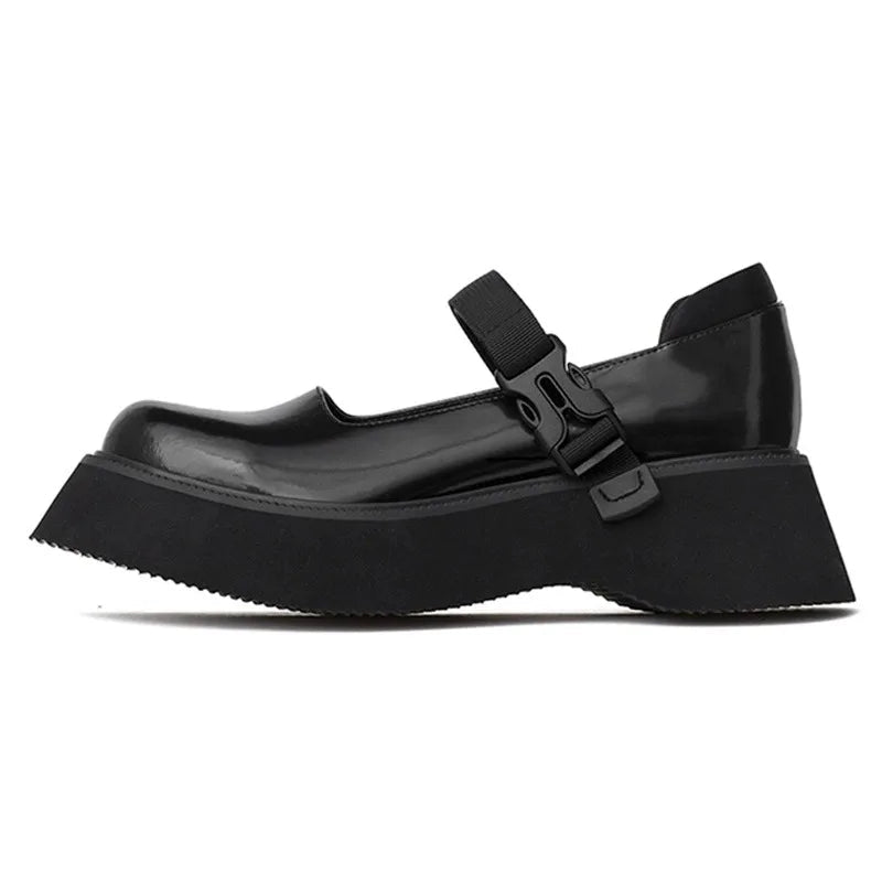 Retro Round Toe Block Heel Mary Jane Shoes Patent Leather Black Platform Pumps College Thicksoled Japanese Style Loafers