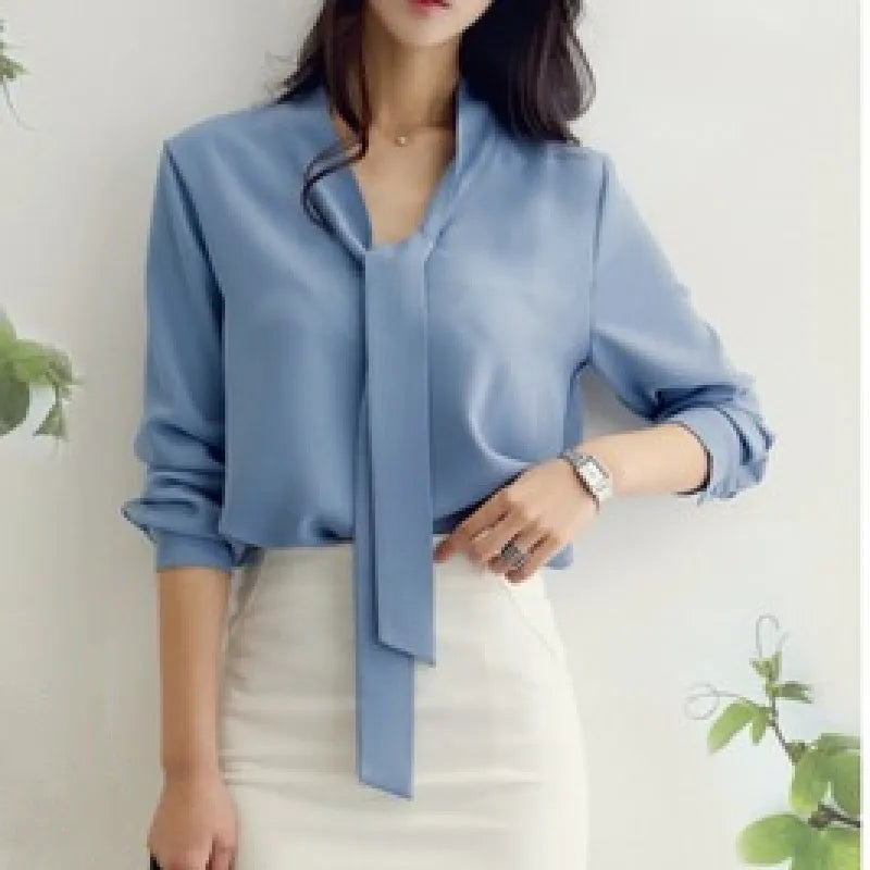 Long Sleeve Bow Tie V-neck Chiffon Blouse