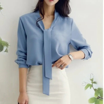 Long Sleeve Bow Tie V-neck Chiffon Blouse
