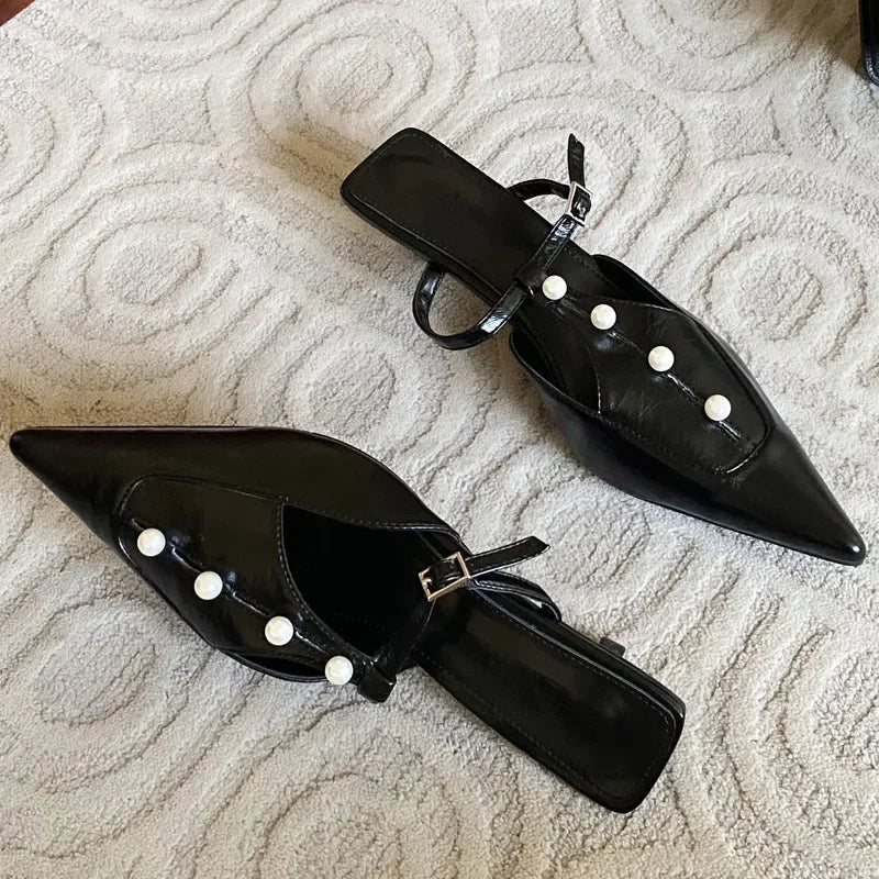 Woman Pumps String Pearl Pointed Toe Thin Low Heels Shoes Buckle Strap Zapatos De Mujer
