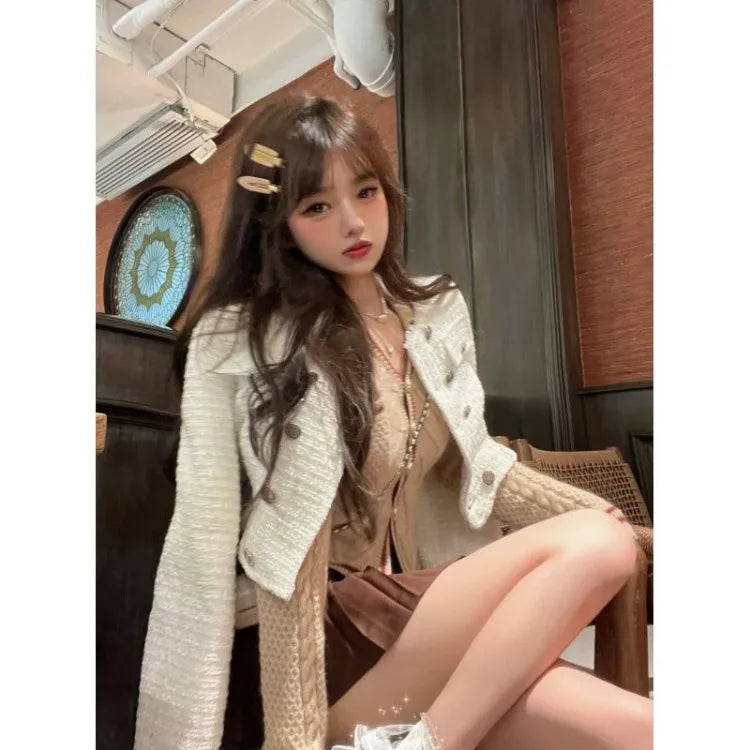 Sweet Double Breasted Long Sleeve Coat + Y2k Egirl High Waist Ruched Aline Skirts Spring New Two Piece Sets