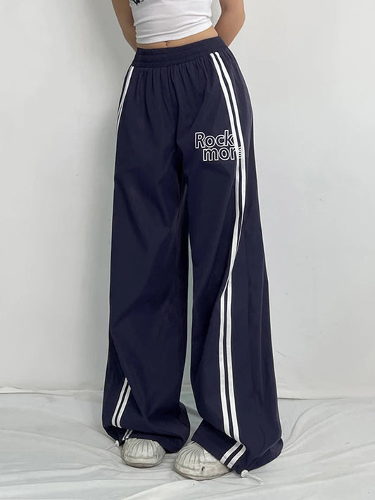 Side Stripe Elastic High Waist Loose Straight Leg Pants Letter Print Street Style Hippie Baggy Trousers Preppy