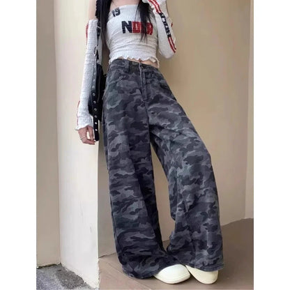 Camouflage Loose Jeans Autumn New High Street Contrast Color Patchwork Denim Wide Leg Pants