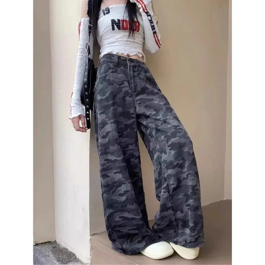 Camouflage Loose Jeans Autumn New High Street Contrast Color Patchwork Denim Wide Leg Pants