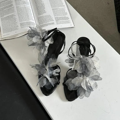 Mesh Flower Sandals Stiletto Heels Open Toe Ankle Straps Summer Hollow Dress Party Daily Shoes