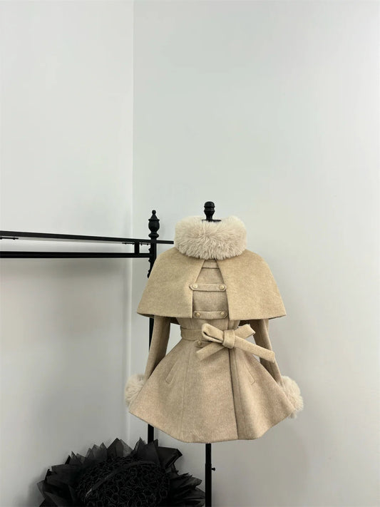 Sweet Hot Girl Detachable Cape Woolen Coat Autumn/winter Slim Fur Double Breasted Aline Coat Female Clothes