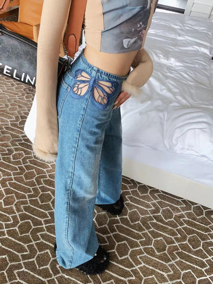 Cutout Butterfly Embroidered Jeans Woman High Waist Baggy Straight Denim Pants Street Denim Trouser