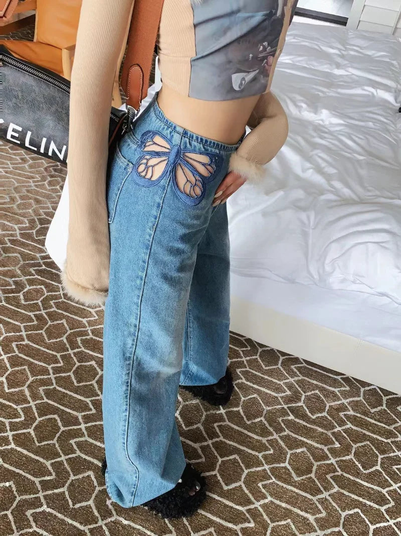 Cutout Butterfly Embroidered Jeans Woman High Waist Baggy Straight Denim Pants Street Denim Trouser