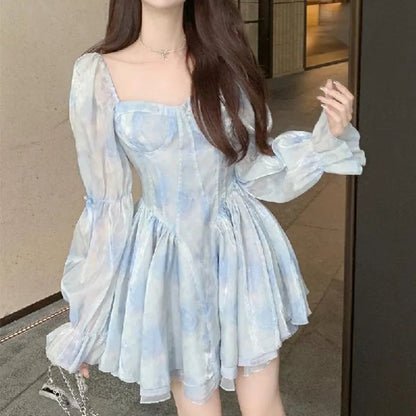 Spring Fall Aline Mini Dresses Blue Korean Vestidos Mujer Beach Style Sweet Print Dress