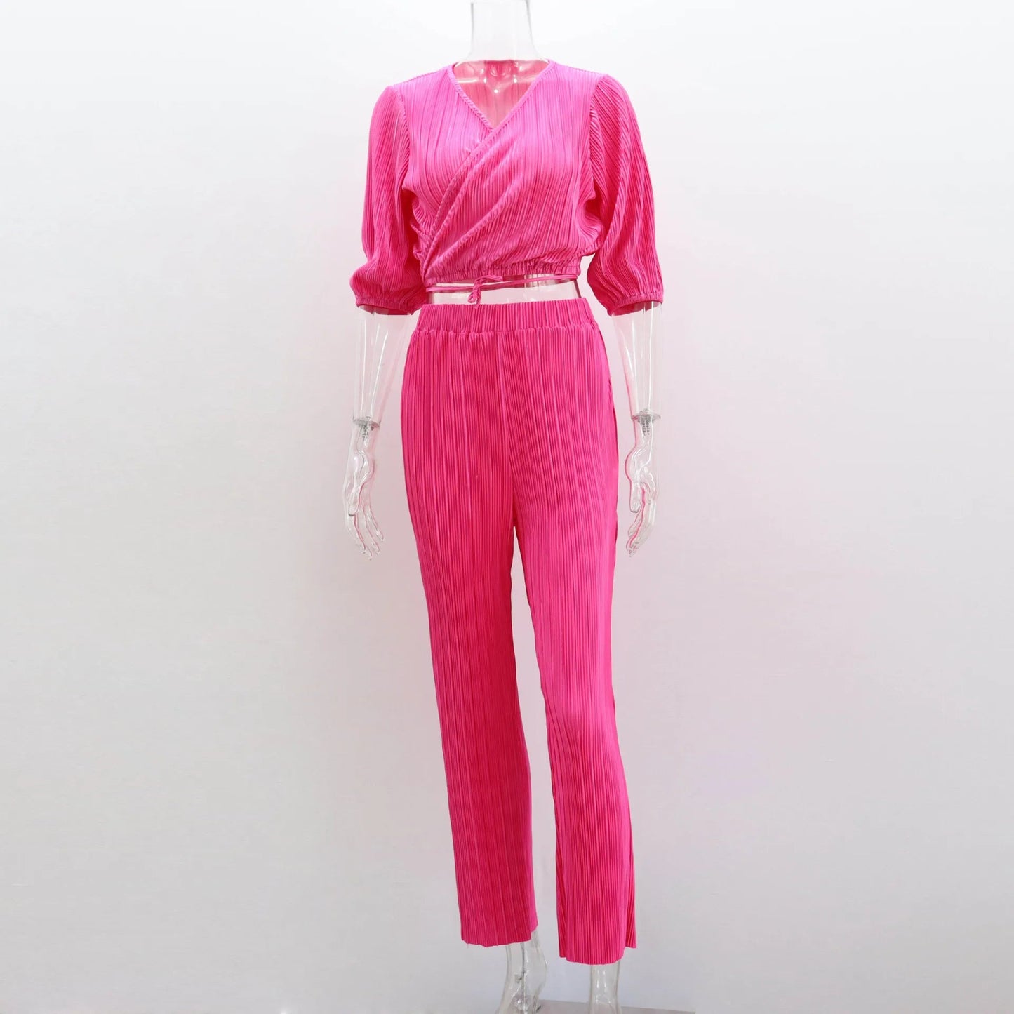 Summer Orange Pleated Pants Two Piece Sets Suits Laceup Tops and High Waist Trousers 2 Piece Sets