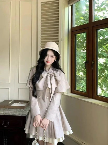 Sweet Hot Girl Retro Suit Autumn and Winter Shawl Cape Longsleeved Double Breasted Coat Twopiece Set Female Clothes
