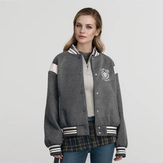 Coat Embroidery Patchwork Contrast Color Loose Jacket New Winter Imitation Woolen Baseball Jacket