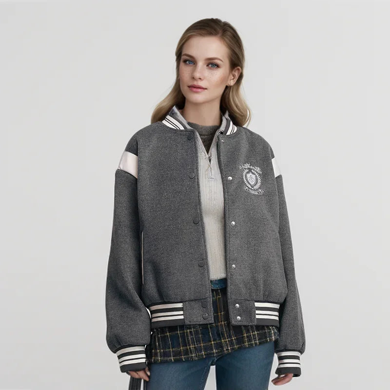 Coat Embroidery Patchwork Contrast Color Loose Jacket New Winter Imitation Woolen Baseball Jacket