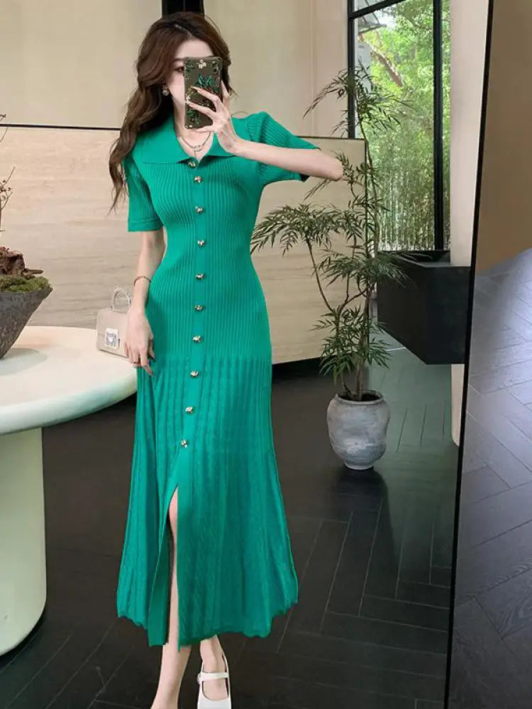 Black Beige Temperament Split Knit Dress Summer Single Breasted Robe Green Office Lady New Long Dress
