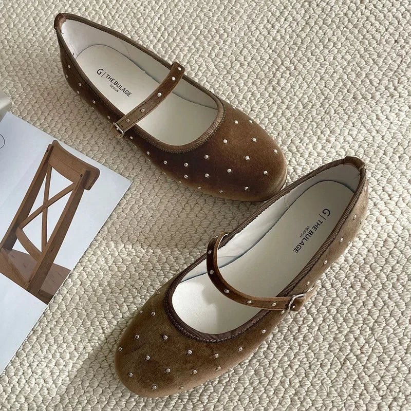 Satin Velvet Rivet Decoration Flat Shoes New Designer Comfort Mary Jane Shoe Ballet Flats Loafers