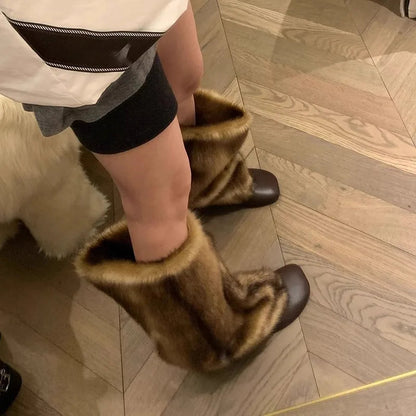 Hairy High Top Long Boots for in Winter Fashionable and Versatile, Knee Length, Low Heel, Warm Cotton Shoes, Snow Boots