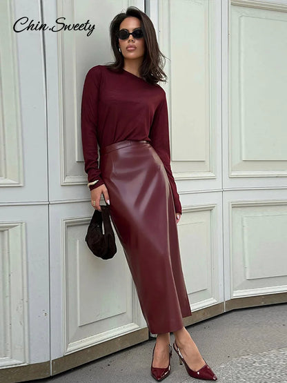 Burgundy Red Leather Skirt Slim Fit Hip Package Split Skirts Female Autumn Winter Commuting High Street Outwear