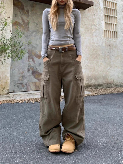 Retro Cargo Denim Pants Hip Hop Baggy High Waist Japanese Style Wide Leg Jeans Y2k Causal Mujer Trouser