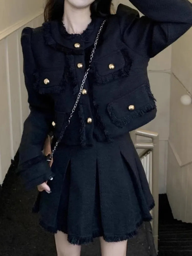 Korean Tweed Skirts Suit Jackets Coat Mini Pleated Skirts Two Pieces Set Female Clothes Outfits