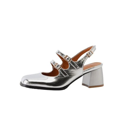 44 45 46 Black Silver Chunky High Heels Mary Jane Shoes Square Toe Double Buckle Pumps Slingback Sandals