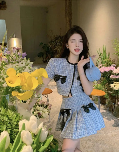Sweet Hot Girl Suit Autumn Bow Slim Short Coat High Waist Aline Mini Skirt Twopiece Set Female Clothes