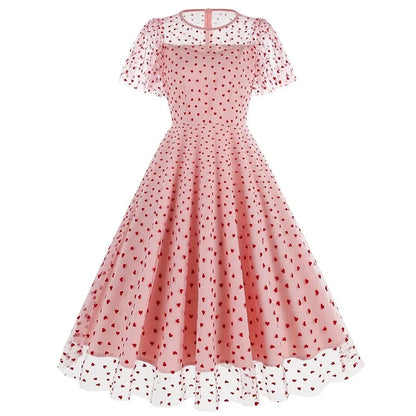 New Retro Pink Strawberry Mesh Birthday Long Dress 50s Flare Sleeve Summer Prom Evening Party Dresses