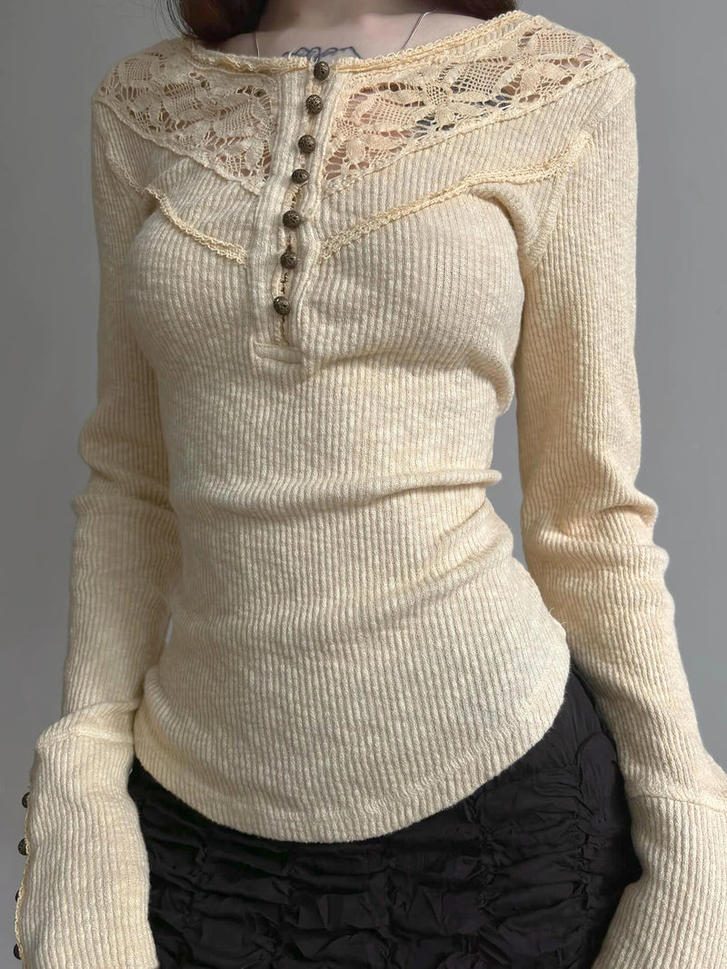 Retro Button Lace Knitted ��s Base T-shirts Long Sleeves Exquisite Slim Fit Autumn Basic Blouses