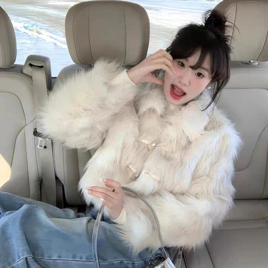 Sweet Hot Girl Horn Button Faux Fur Coat Winter Loose Turndown Collar Longsleeved Short Jacket Female Clothes