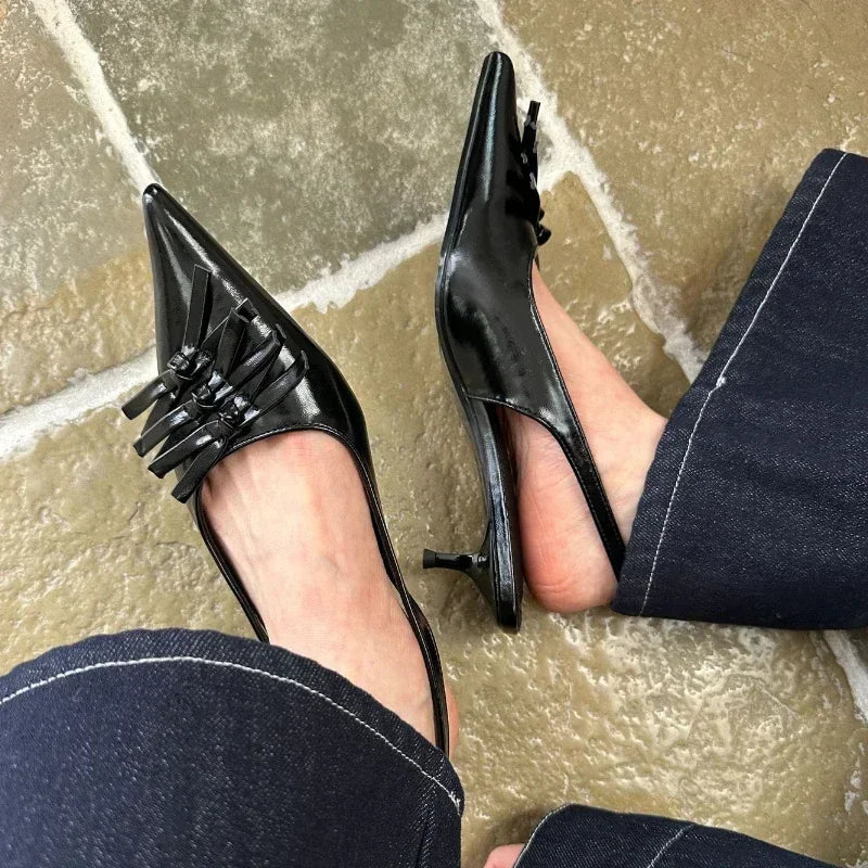 Bowknot Designer Kitten Heel Sandals Summer High Heels Female Shallow Pointed Toe Pumps Dress Shoes