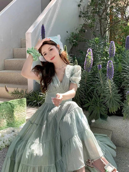 French Evening Party Dress Summer Beach Style Vneck Midi Dress Female Short Sleeve Korean Clothing