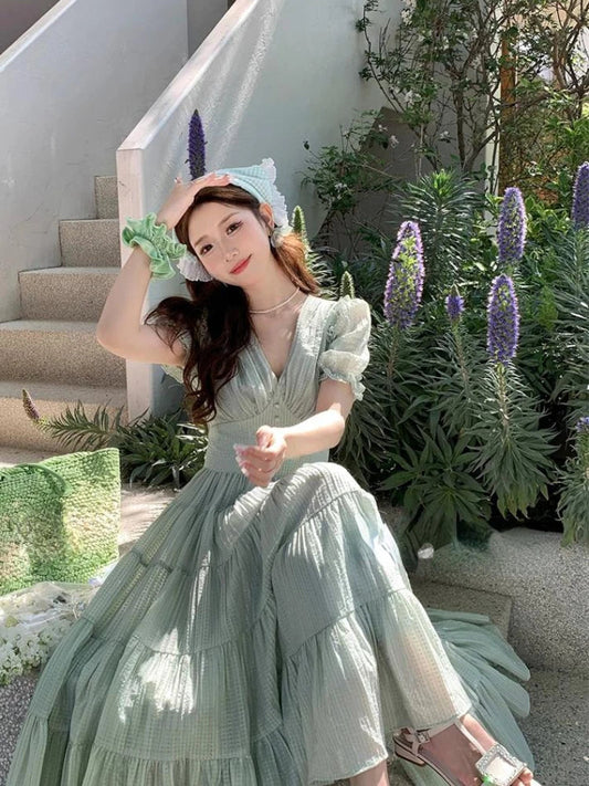 French Evening Party Dress Summer Beach Style Vneck Midi Dress Female Short Sleeve Korean Clothing