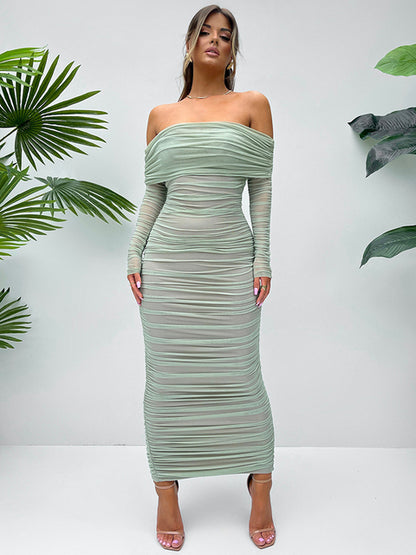 Off-shoulder Long Sleeve Maxi Dress for Autumn New Strapless Backless Bodycon Ruched Party Long Dress