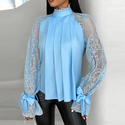 Spring Patchwork Lace Blouse Shirts Stand Collar Draped Top Autumn Tieup Bowknot Sleeve Hollow Pullover