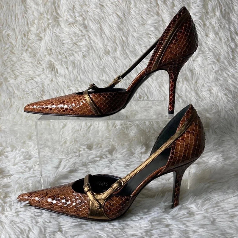 Snake Pointed Stiletto Sandals Belt Buckle Hollow Fine High Heel Sandals New Retro Designer Party Dress Shoes