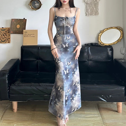 Butterfly Print Sleeveless Long Dress Coquette Tieup Spaghetti Straps Maxi Sundress Holiday Party