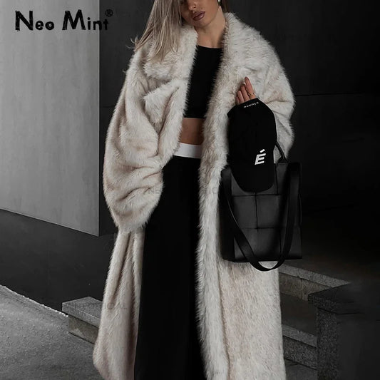 Long Faux Fox Fur Coat Winter Warm Fluffy Fur Jacket Female Street Furry Outerwear Overcoat