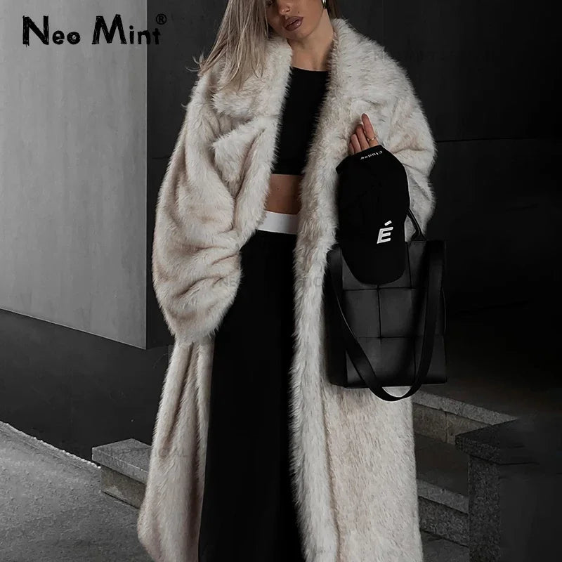 Long Faux Fox Fur Coat Winter Warm Fluffy Fur Jacket Female Street Furry Outerwear Overcoat