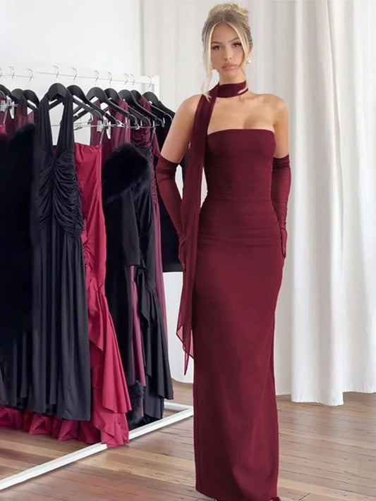 Pleated Tube Long Dresses Slim Fit Sleeveless Dress With Silk Scarf Gloves Female Summer Evening