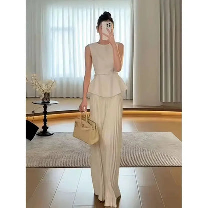 Sleeveless Top Waist Belted Slim Tank Top Pleated Wide Leg Pants Set Commuting Professional Two Piece Set Outfits
