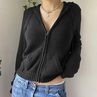 Brown Y2k Hooded Sweaters Autumn Winter Lantern Sleeve Zip Up Jacket Cardigan Knitted Hoodies Cropped Cardigan