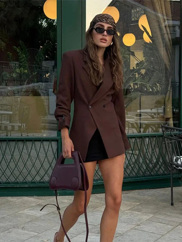 Brown Lapel With Pocket Jacket Woman Cuff Buttons Long Sleeve Blazer Coat Lady Autumn High Street Outwear