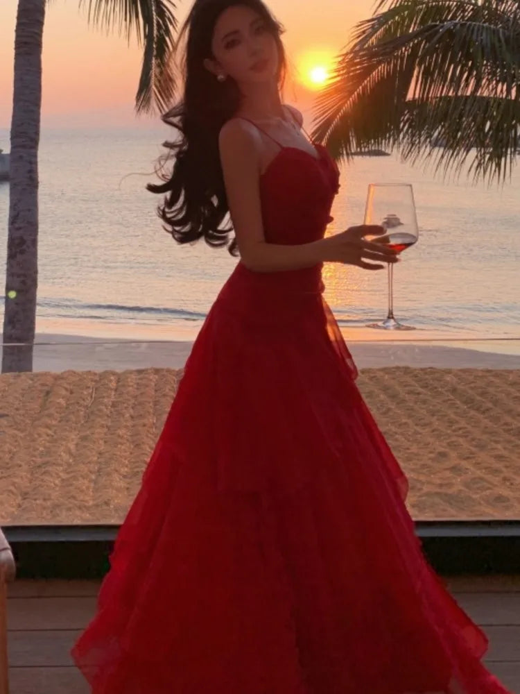Summer Red Dresses Spaghetti Strap Sleeveless Ruffles Birthday Party Long Dress Holiday Prom Aline Vestidos New